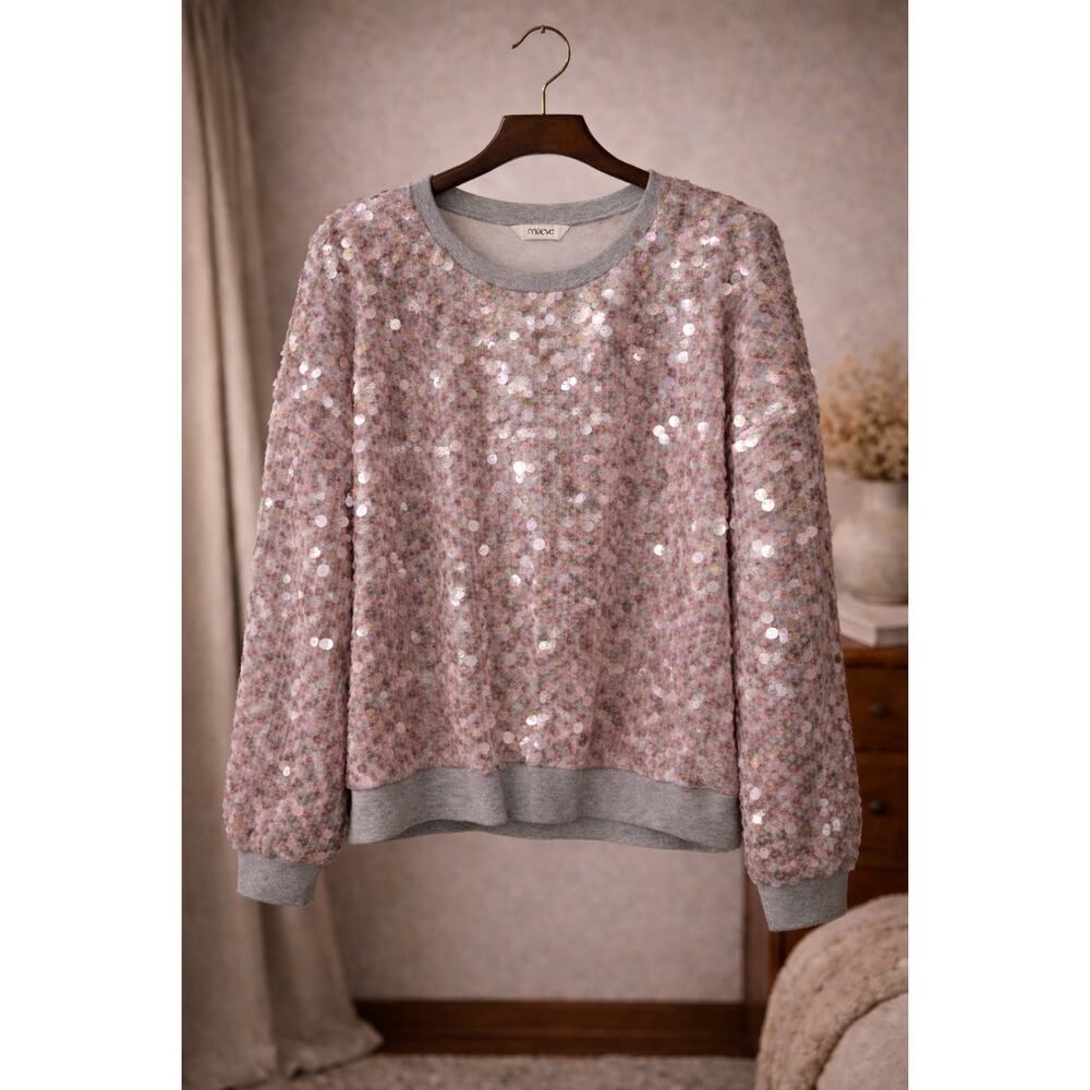 Maeve Pink Combo Sequin Sweater NWT Anthropologie Long Sleeve Ribbed Pullover